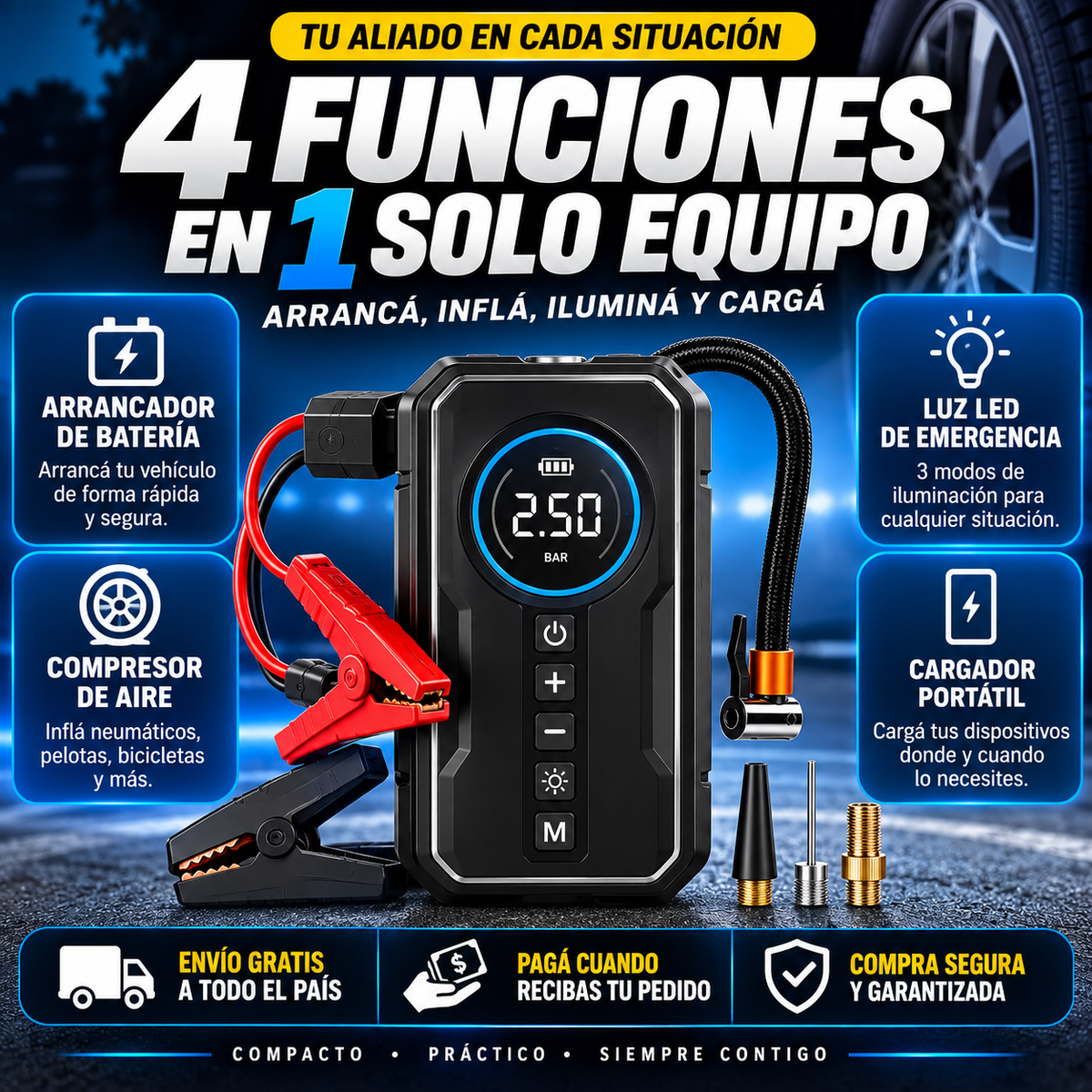 POWERMAX 4X1™ — Arrancador, Inflador, Linterna y Power Bank
