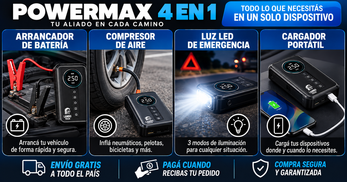POWERMAX 4X1™ — Arrancador, Inflador, Linterna y Power Bank