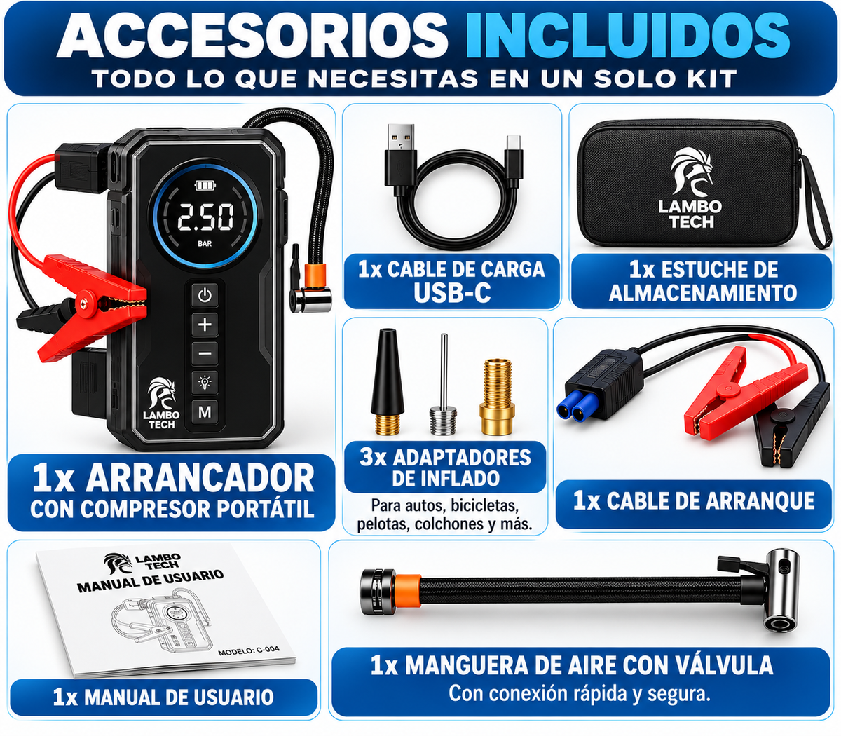 POWERMAX 4X1™ — Arrancador, Inflador, Linterna y Power Bank
